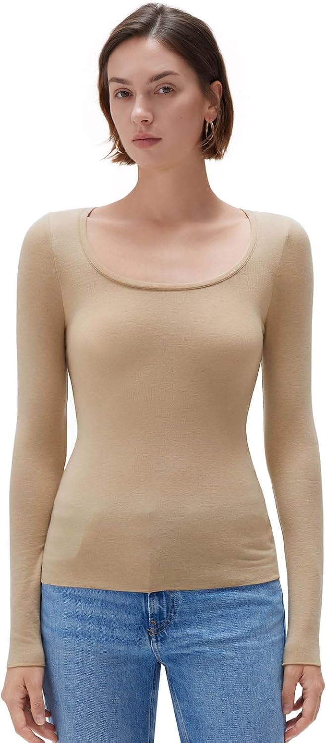 SUUKSESS Cloud Cashmere Women Scoop Neck Fitted Long Sleeve Shirt Basic Knit Tops - Image 2