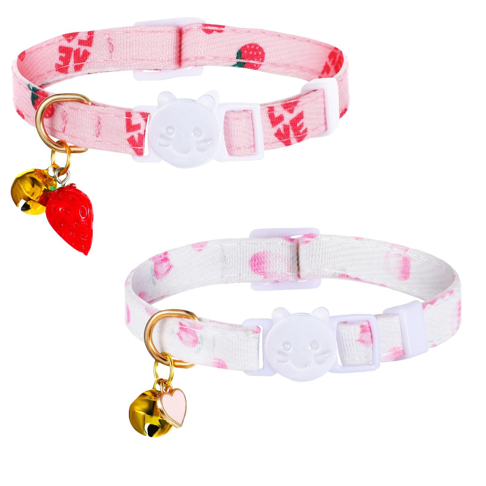 JJUNW 2 Pack Cat Collars, Safety Adjustable Cat Collars, Cotton Breakaway Cat Collar Set, Strawberries and Heart Shaped Pendant Kitten Collar with