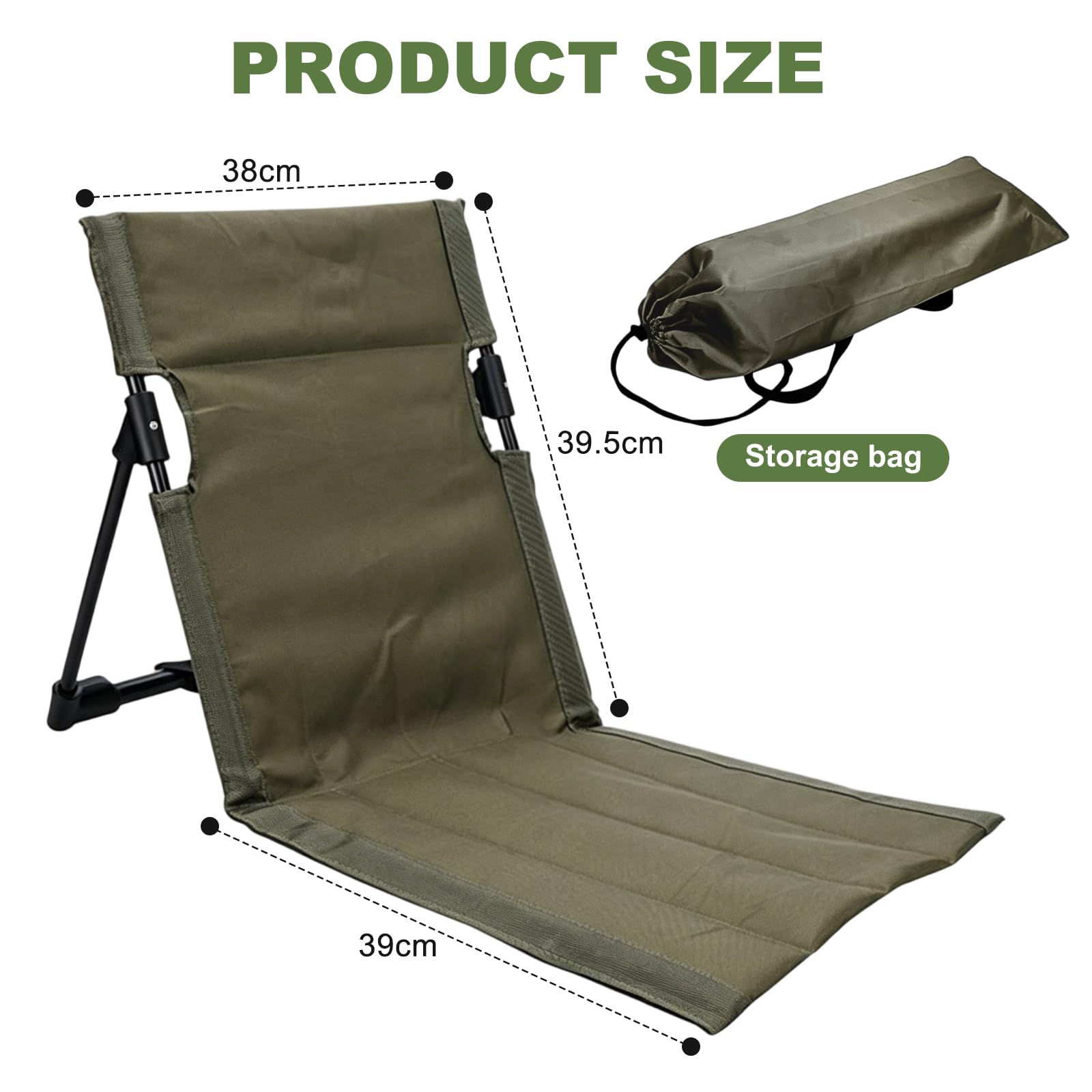 Sedia da spiaggia con schienale, cuscino pieghevole, per esterni, stadio, portatile, per meditazione, spiaggia, pieghevole, per picnic, giardino (verde)