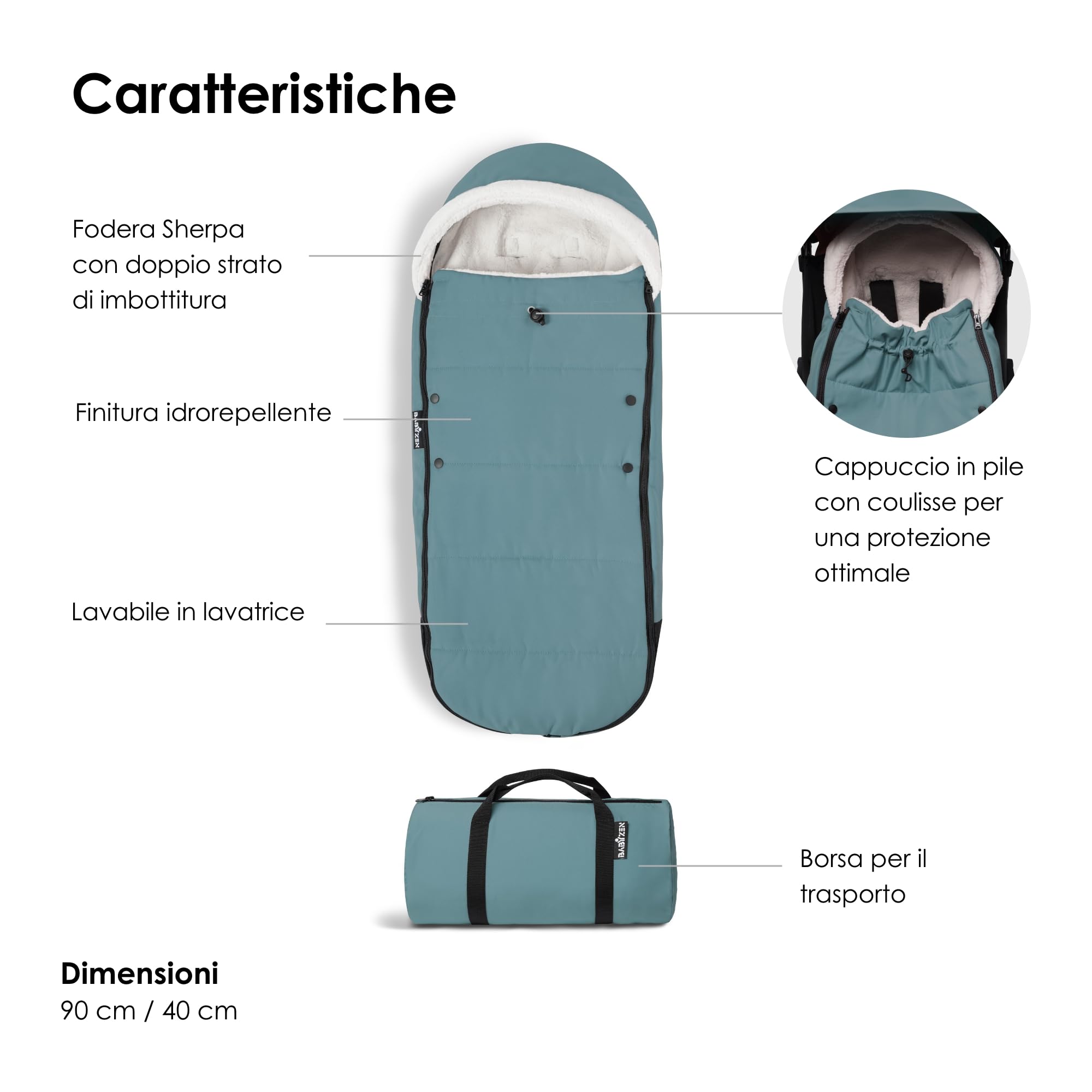 Sacco coprigambe YOYO BABYZEN, Aqua - Fodera in sherpa e cappuccio in pile con coulisse per mantenere caldo il bambino - Include la borsa - Lavabile in lavatrice