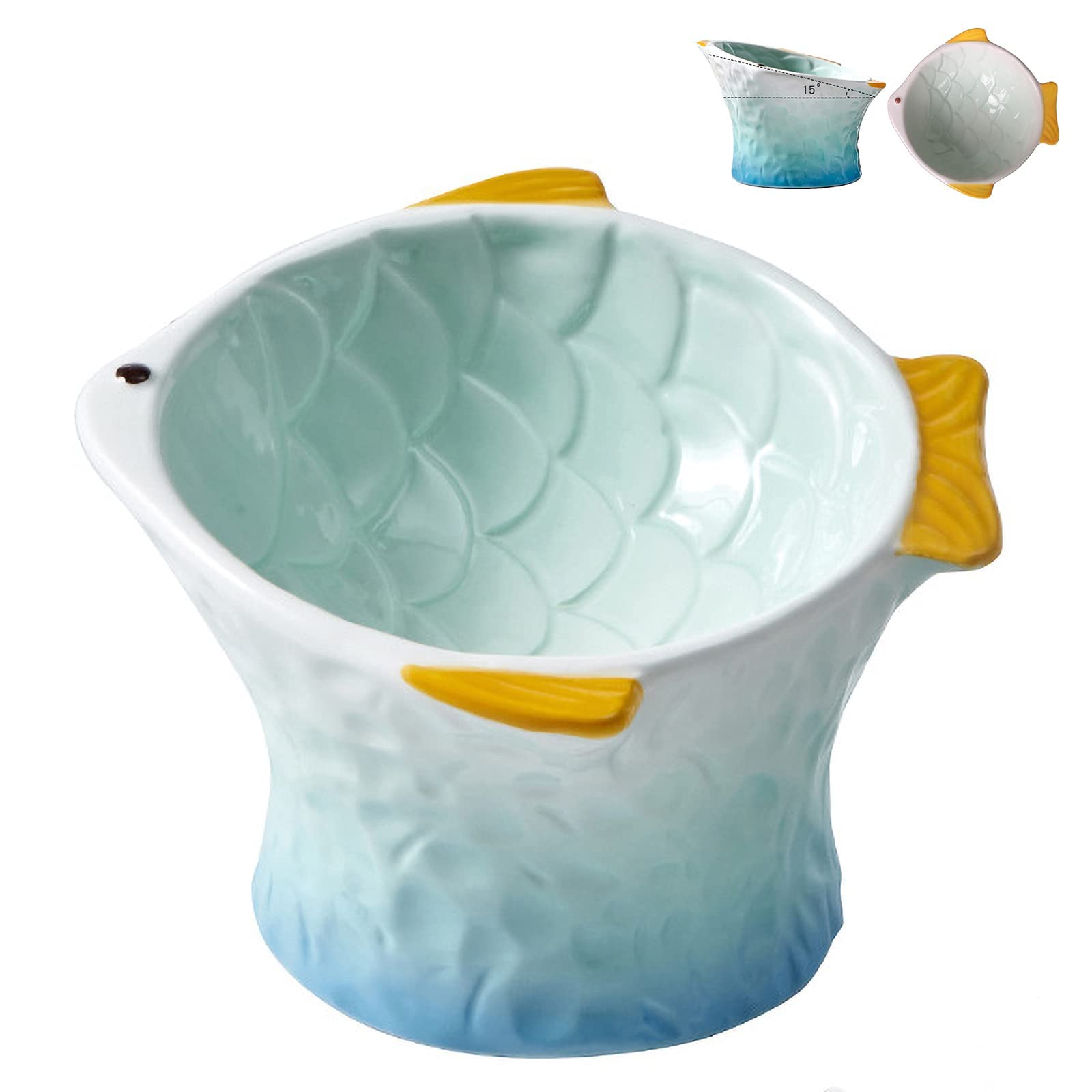 Pochylona ceramiczna miska na karmę dla kotów, podwyższone, skośne naczynie w kształcie ryby, ergonomiczny podajnik zapobiegający wymiotom dla kociąt, idealny do suchych i mokrych smakołyków