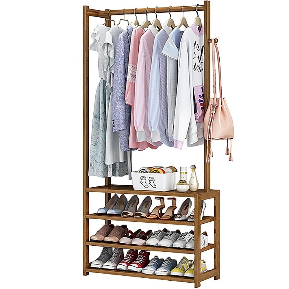 Aycdl Walnut Color Bamboo Clothes Rail With 4 Tier Storage Shelves And Hanging Rod Garment Rack For Living Room Entryway Bathroom And Office,-70X25x155cm