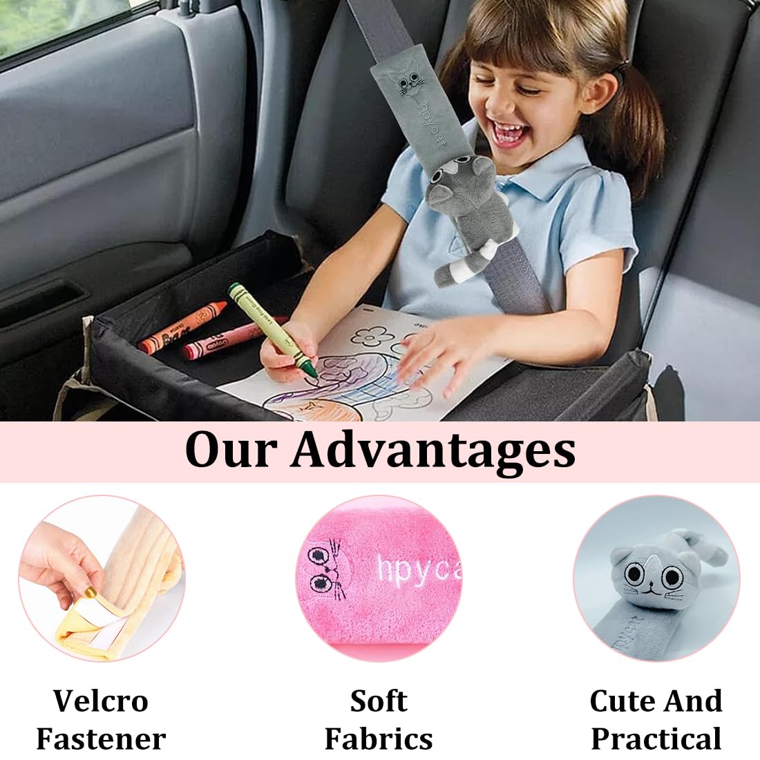 Protezione per cintura di sicurezza per bambini in 2 pezzi, motivo a gatto, protezione per cintura di sicurezza per bambini, cuscino per cintura di sicurezza per adulti e bambini, protezione per cintu