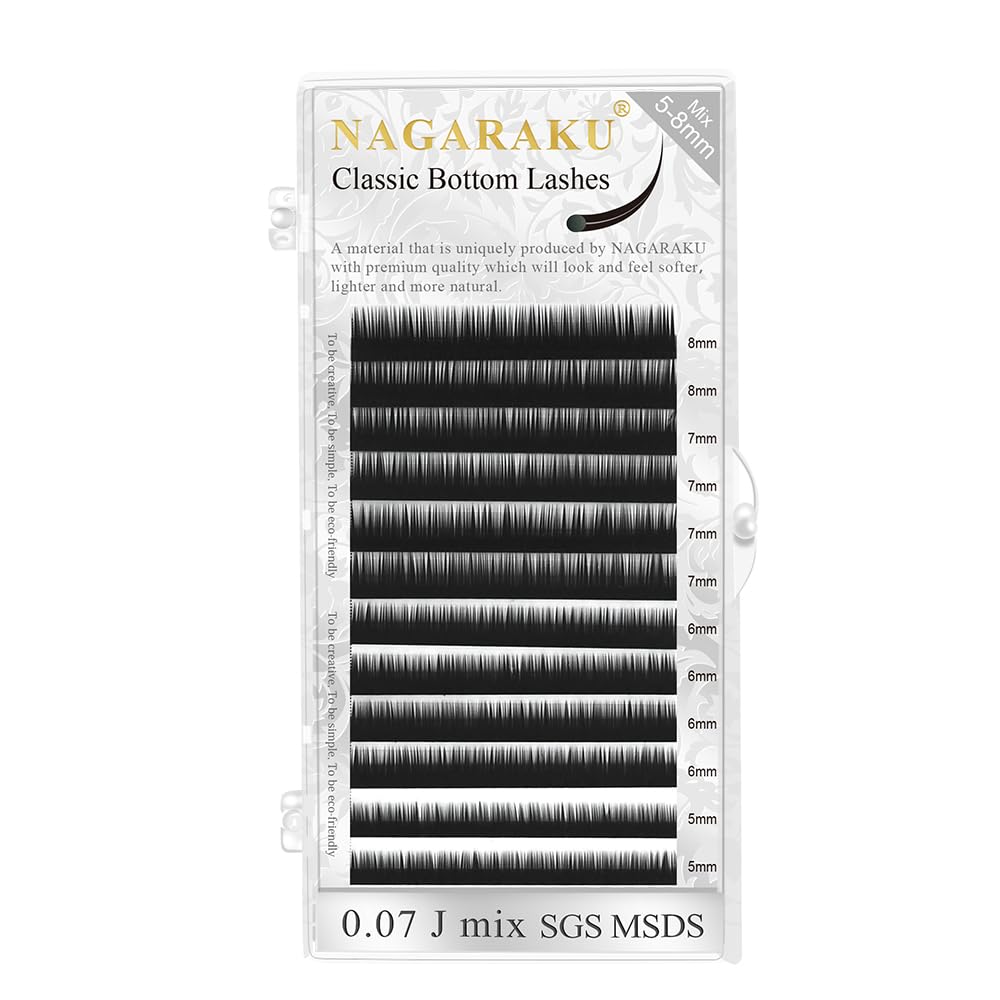 NAGARAKU Bottom False Eyelashes Extensions Lower Eyelash Individual Classic 1:1 Soft Natural Single Eyelashes Matte Black 12 Rows (0.10 mm J Curl 5-8 mm Mix Tray)