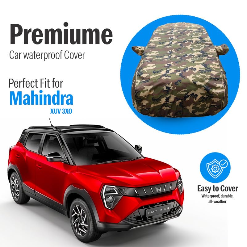 Image of Autofact Mahindra XUV 3XO Waterproof Car Cover - Jungle Print 4x4 American Matty, All-Weather Protection, Triple-Stitched, Windproof with Buckle Belt, Dustproof & Scratchproof, UV Resistant Gold