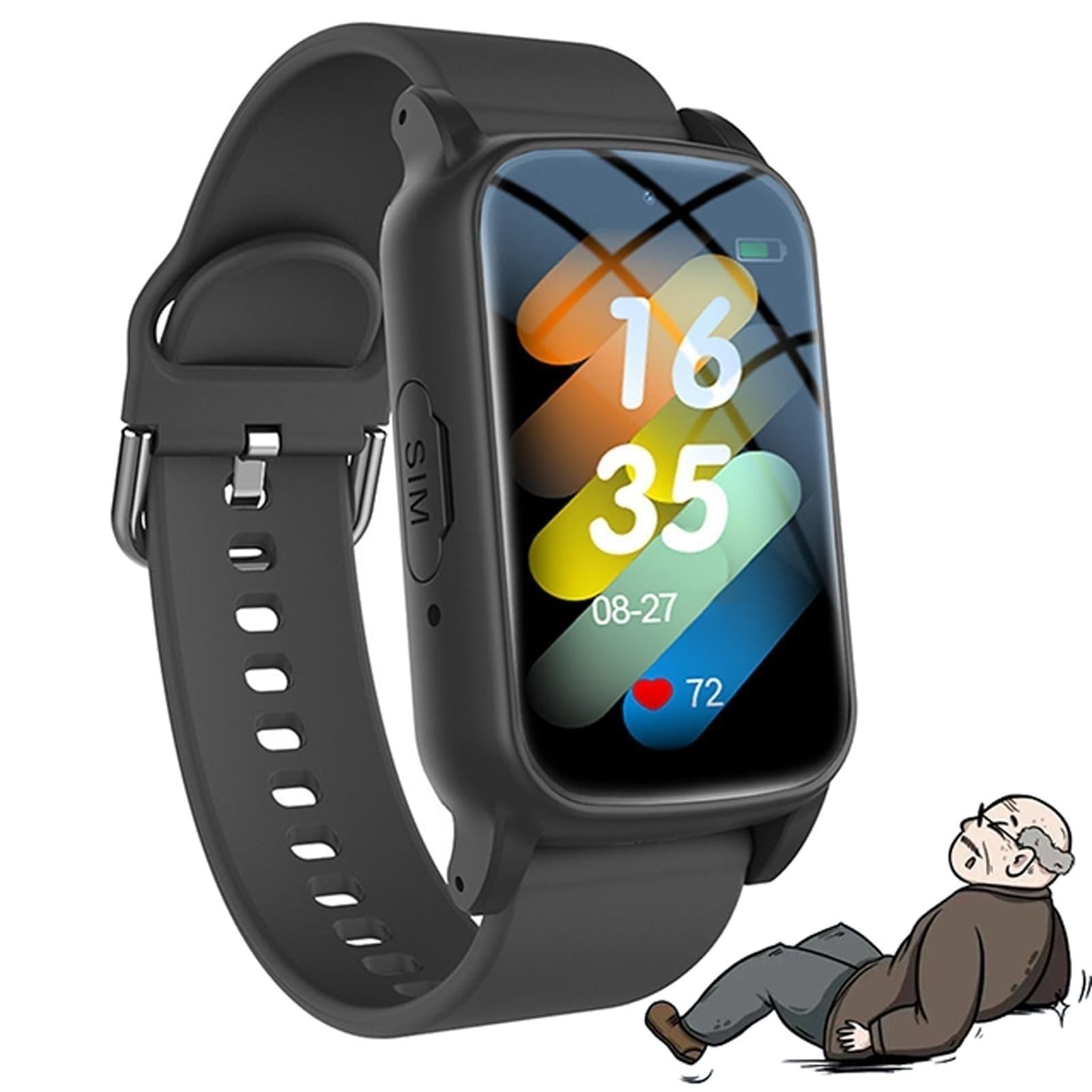 Mothdust Montre Intelligente Anti Chute pour Senior, Traceur GPS Bracelet Appel d Urgence SOS pour Personnes Agees Atteintes de Demence Alzheimer et Autisme, Dispositif de Securite(Black)