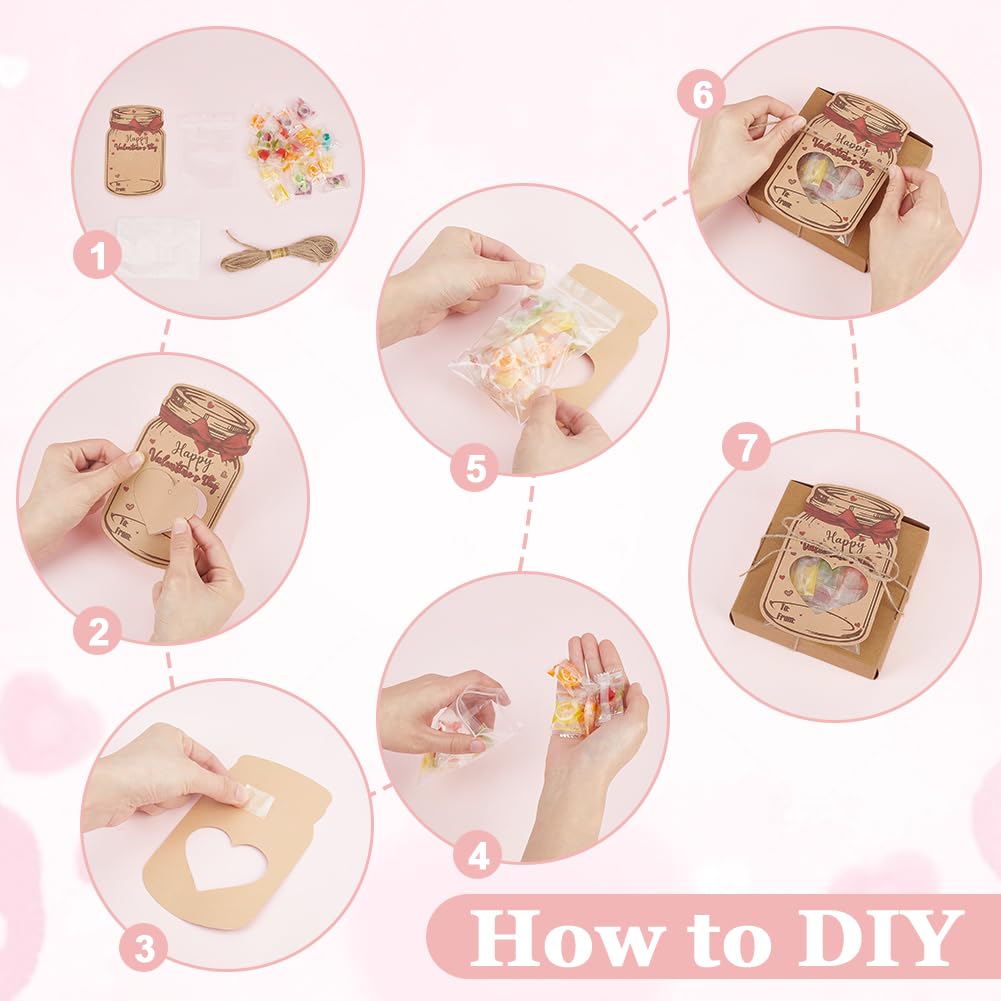 AHANDMAKER 72Pcs Valentines Day Candy Cards Mason Jar Valentines Day Cards with Candy Bags Bottle Shape Paper Exchange Card for School Classroom Prize Party Gifts Favor Supplies - Image 3