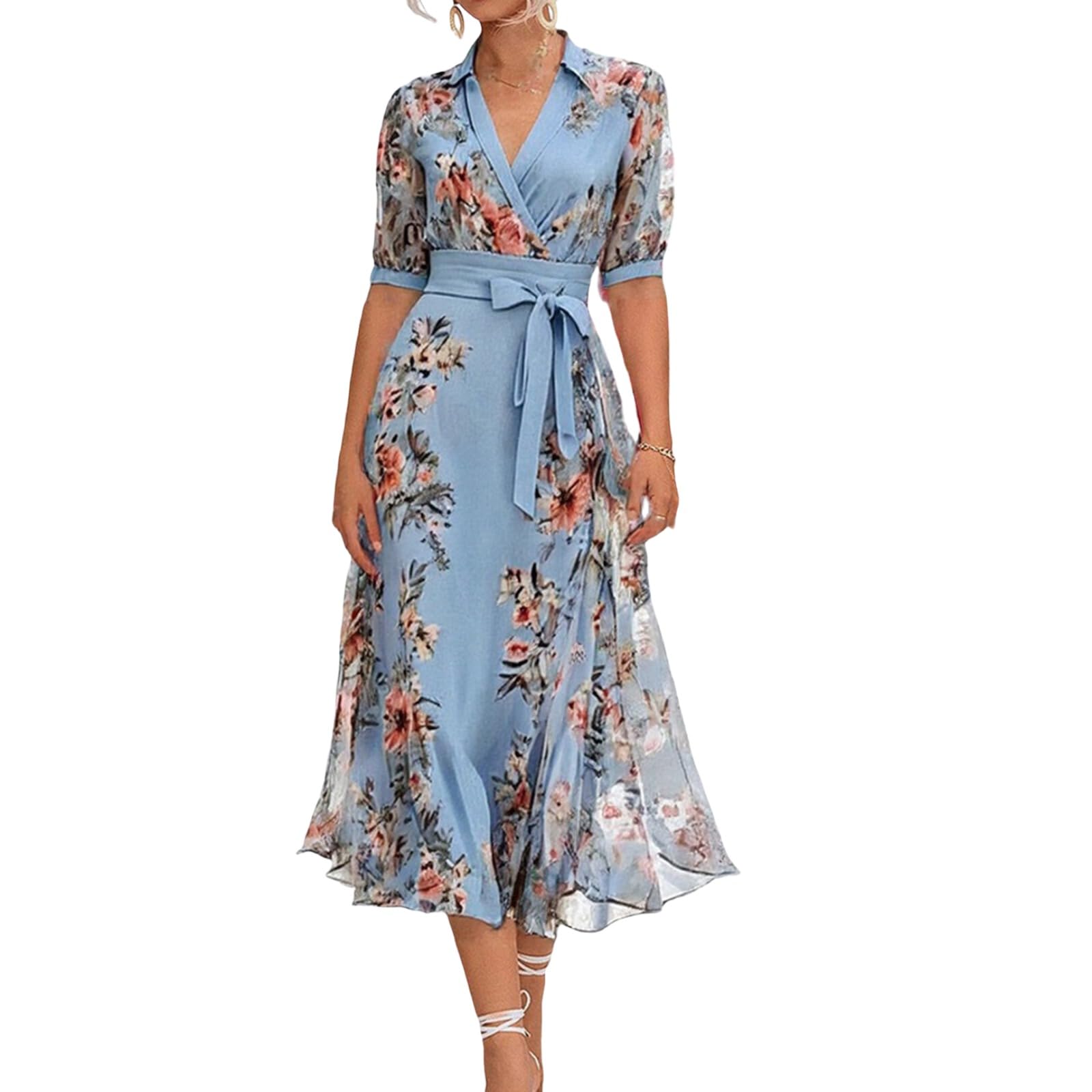 LOZ Womens Summer Dresses 2025 Blue Floral Puff Short Sleeve V-Neck Belt Midi Dress Fashion A-Line Wedding Guest Dresses