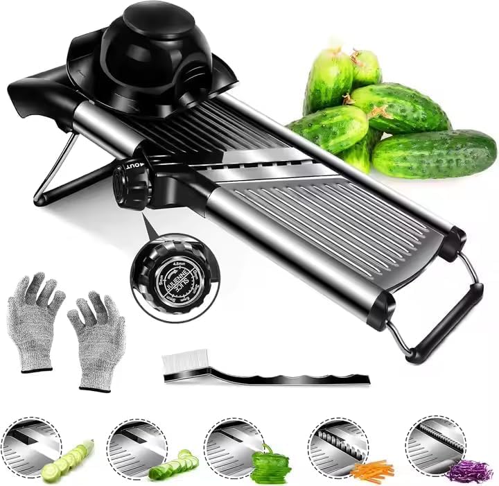 HEARTHLY Mandoline Slicer Stainless Steel Onion Slicer with Adjustable Thickness Dial Anti-Slip Base Finger Guard and Safety Gloves Cabbage Shredder (Silver)