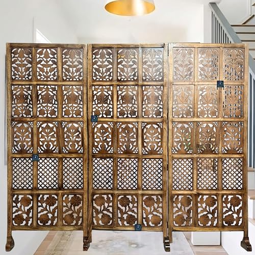 Image of Wooden Room Partition /Screen /Room Divider /Room Separator Burnt Wood Finish (Hand Buffing) Frame Traditional Handicrafts 6Ft Height (30 Inches Width 3 Panel)