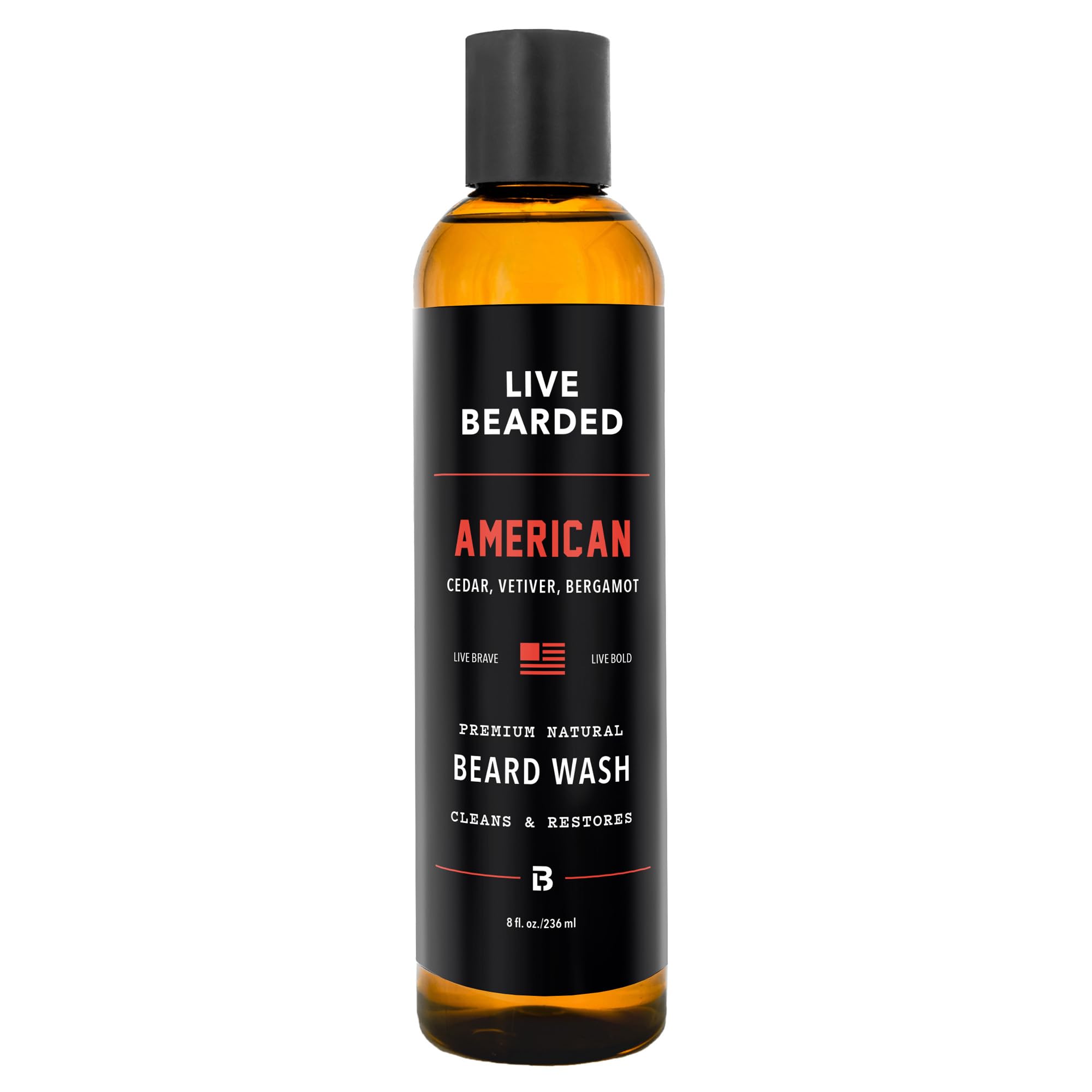 Live Bearded Beard Wash, 8 fl oz - Water-Based Face Cleanser with All-Natural Ingredients for a Gentle, Deep Clean - Made in the USA | American Scent - Cedar, Vetiver, Bergamot