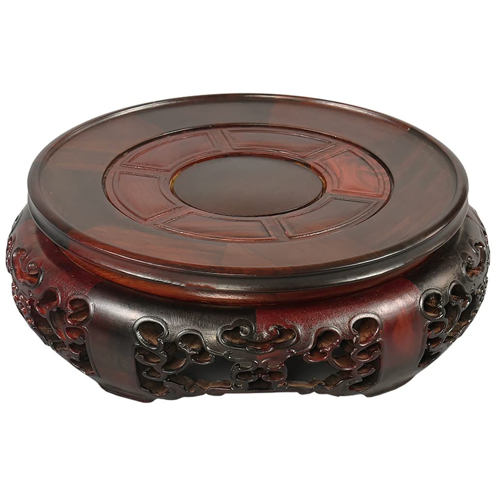 TEESONG Bonsai Pedestal Home Teapot Base Rotatable Top Disc Flower Pot Ornament Mahogany Round Wood Carving Crafts Stone Vase Vase Pedestal Display Stands(21cm)