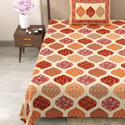 Image of Pure Cotton Single Bedsheet with 1 Pillow Cover, 220 TC Premium Jaipuri Bedsheet for Single Bed | 60x90 Inch - Multicolor Floral Print