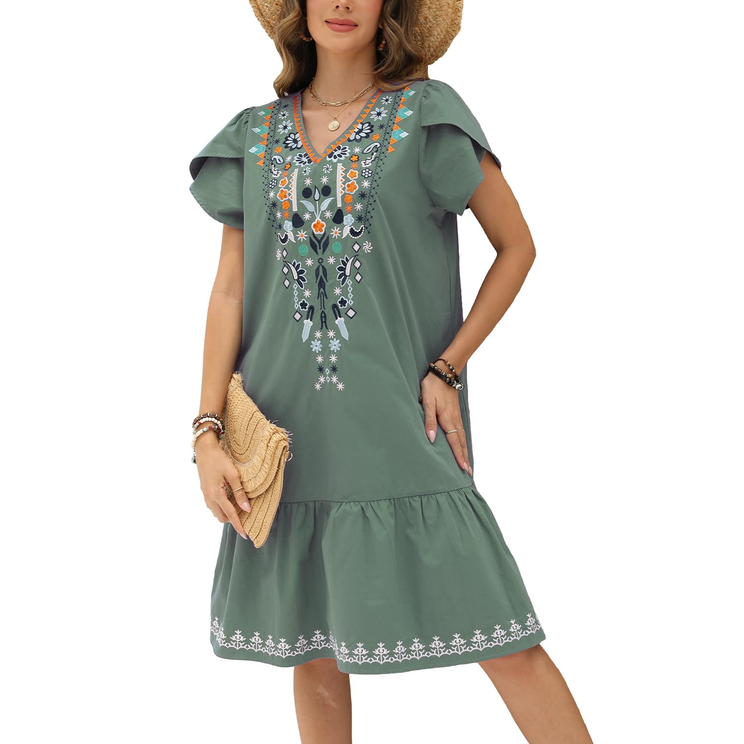 Vakakado Damen V-Ausschnitt Elegantes Stickerei Dress 3/4 Är