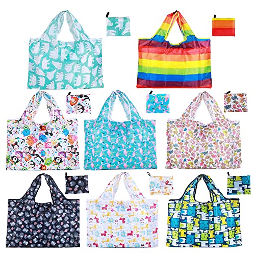 Codobon Grocery Bags Reusable Foldable 8 Pack Shopping Bags Large 50Lbs Groceries Bags Ripstop Waterproof Machine Washable Eco-Friendly Nylon (Animals-8Pack) #TOP2
