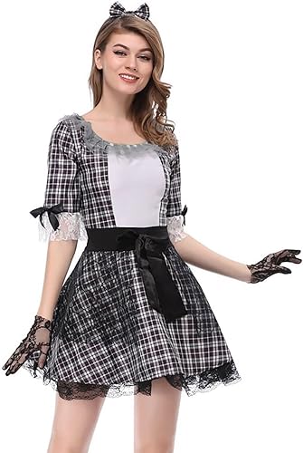 Miniatura 2 de Gothic Dresses for Women Vintage Plaid Print Knotted Front Lace Trim Dress Halloween Cosplay Costume