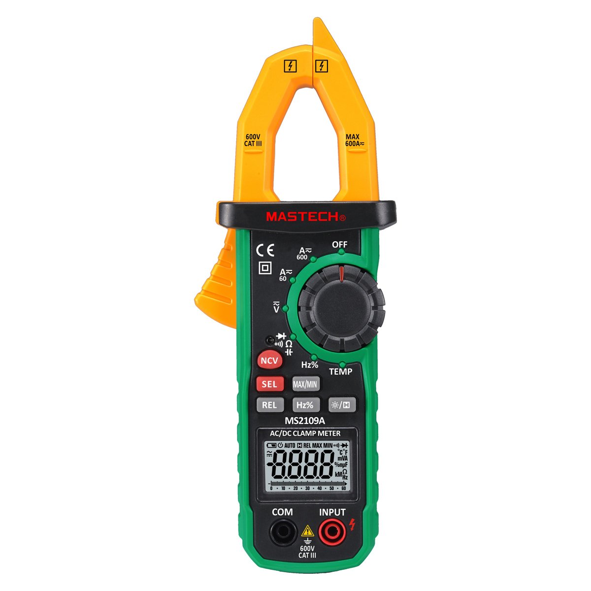 Mastech MS2109A Auto Ranging Digital AC DC Clamp Meter 600A Temp NCV RC Test Tester