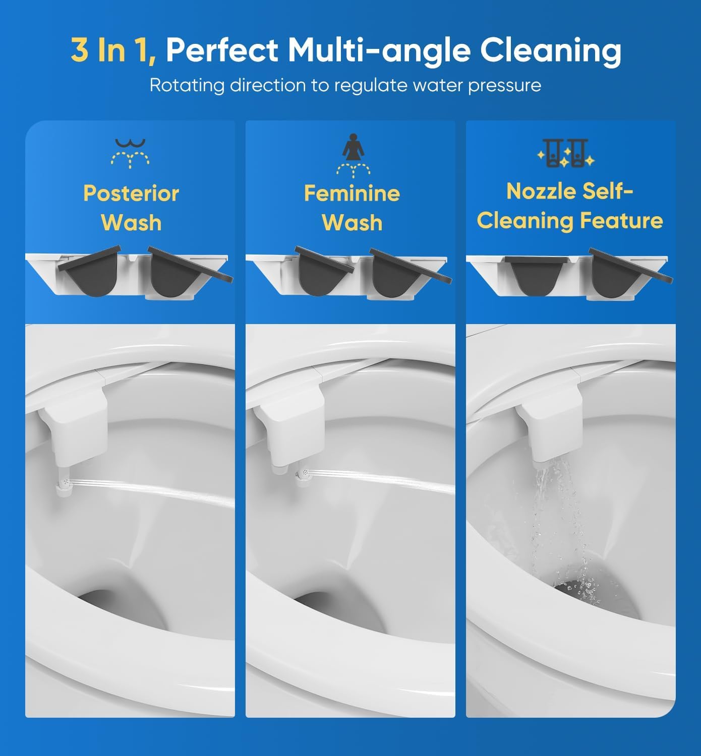 Ultra-cienki bidet 3 w 1, samooczyszczający, tylny i kobiecy - (wysuwane podwójne dysze), nieelektryczne mocowanie bidetu, regulowane ciśnienie świeżej zimnej wody, wlot ze stali nierdzewnej (2 szt.)