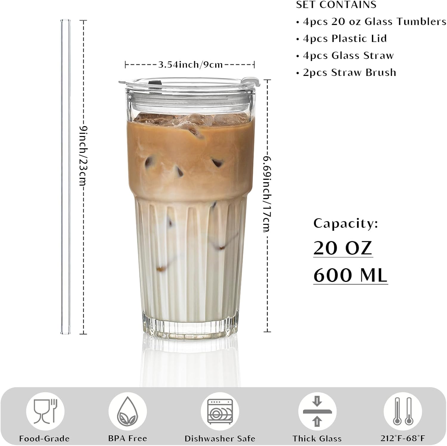 INSETLAN 20 oz Clear Glass Tumbler Set with Lids and Straws – 4-Pack Iced Coffee Cups with Glass Straws & Brushes, Reusable Drinking Glasses for Smoothies, Tea, Juice, Beer, Cold Beverages - Image 2
