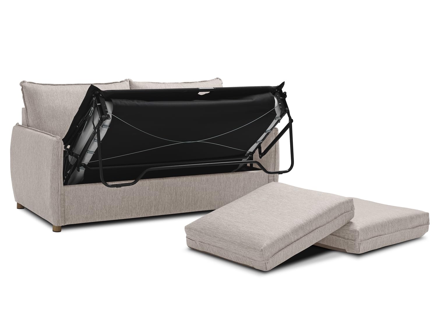 EVERGREENWEB - Divano Letto a 2 Posti con Materasso Memory 140x190, Sofà Soggiorno con Piedi in Legno Design Moderno, Struttura Rinforzata Pieghevole, Tessuto Beige Antimacchia, Cuscini Estraibili