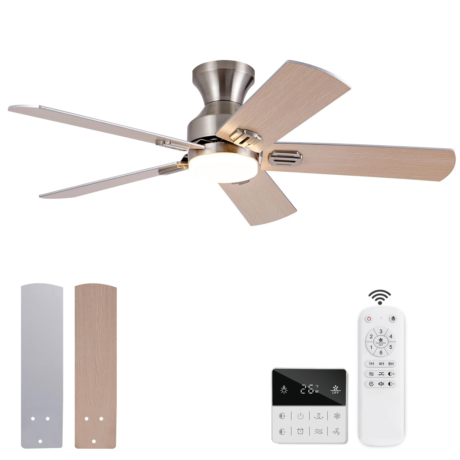 KENSID 48 Inch Brushed Nickel Ceiling Fans with Lights and Remote,Low Profile Flush Mount Modern Ceiling Fan with Light,5 Blades,Dimmable LED Light,