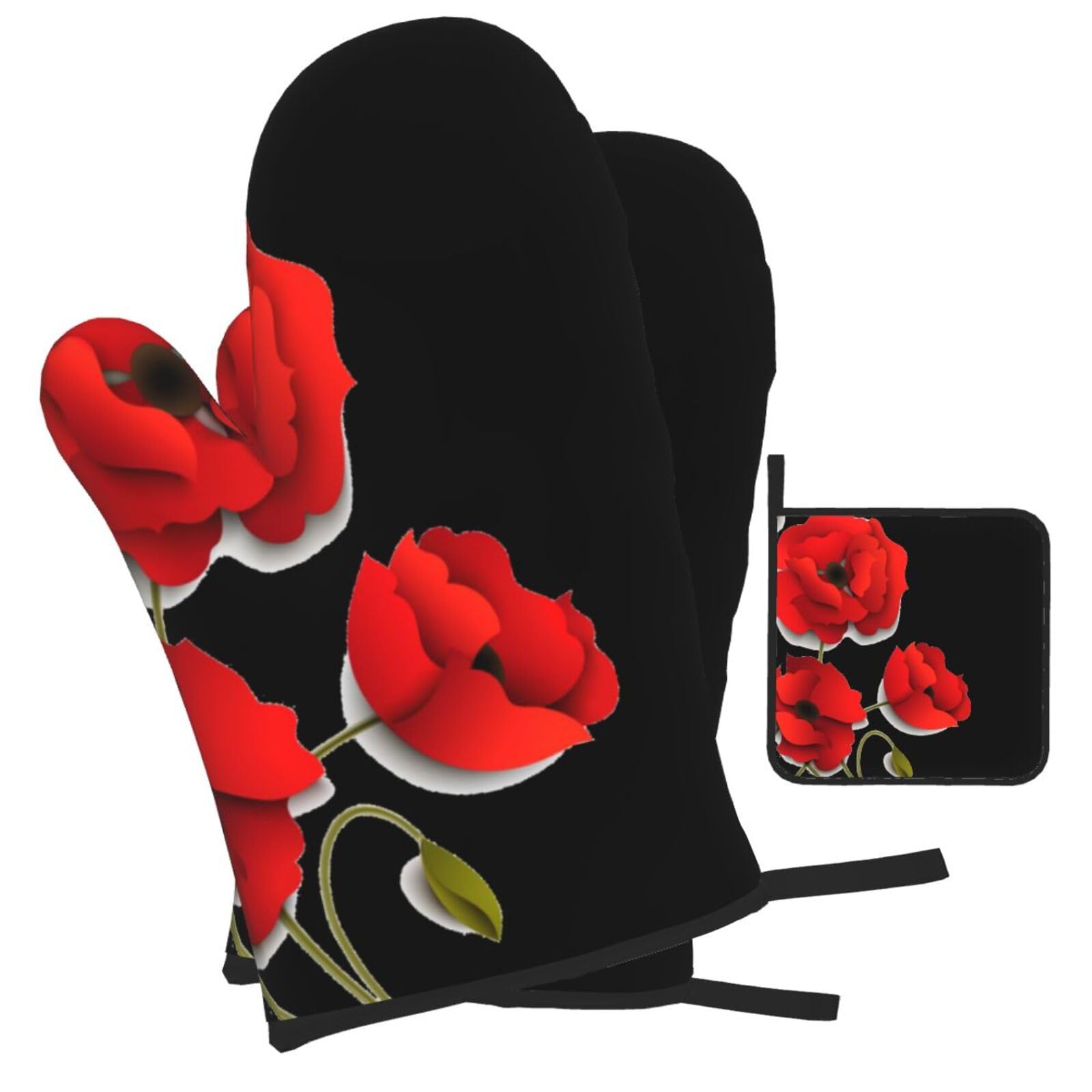 Poppy Flowers Vivid Petals Printed Oven Mitts and Pot Holders Heat Resistant Set of 3 Pcs, Modern Kitchen Gloves & Potholders for Cooking Baking Grilling