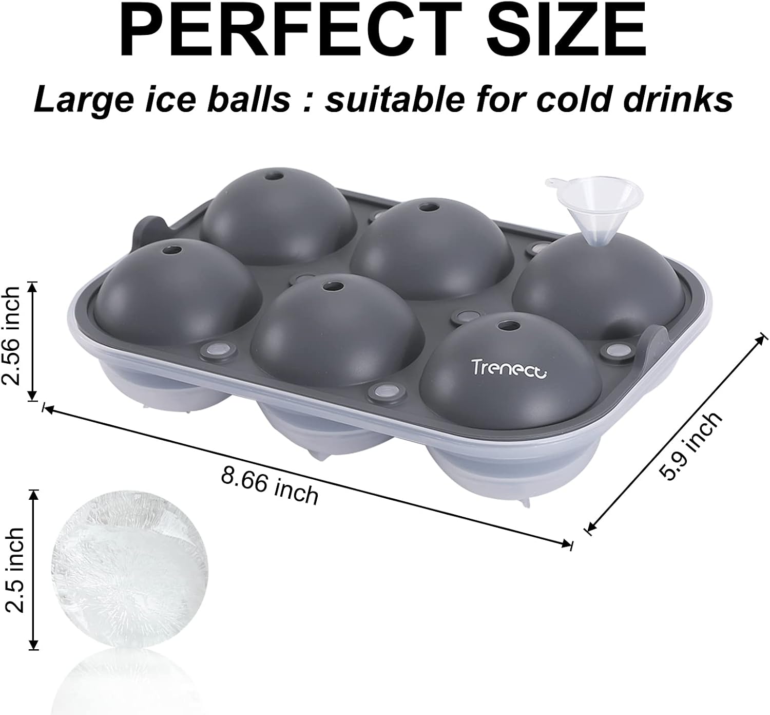 Trenect Ice Cube Tray Silicone Round Ice Cube Mold Reusable Sphere Ice Ball Maker 2.5 Inch Easy Release Circle Ice Cube Trays for Whiskey & Cocktails & Bourbon No Side Leakage Ice Ball Mold (Grey)
