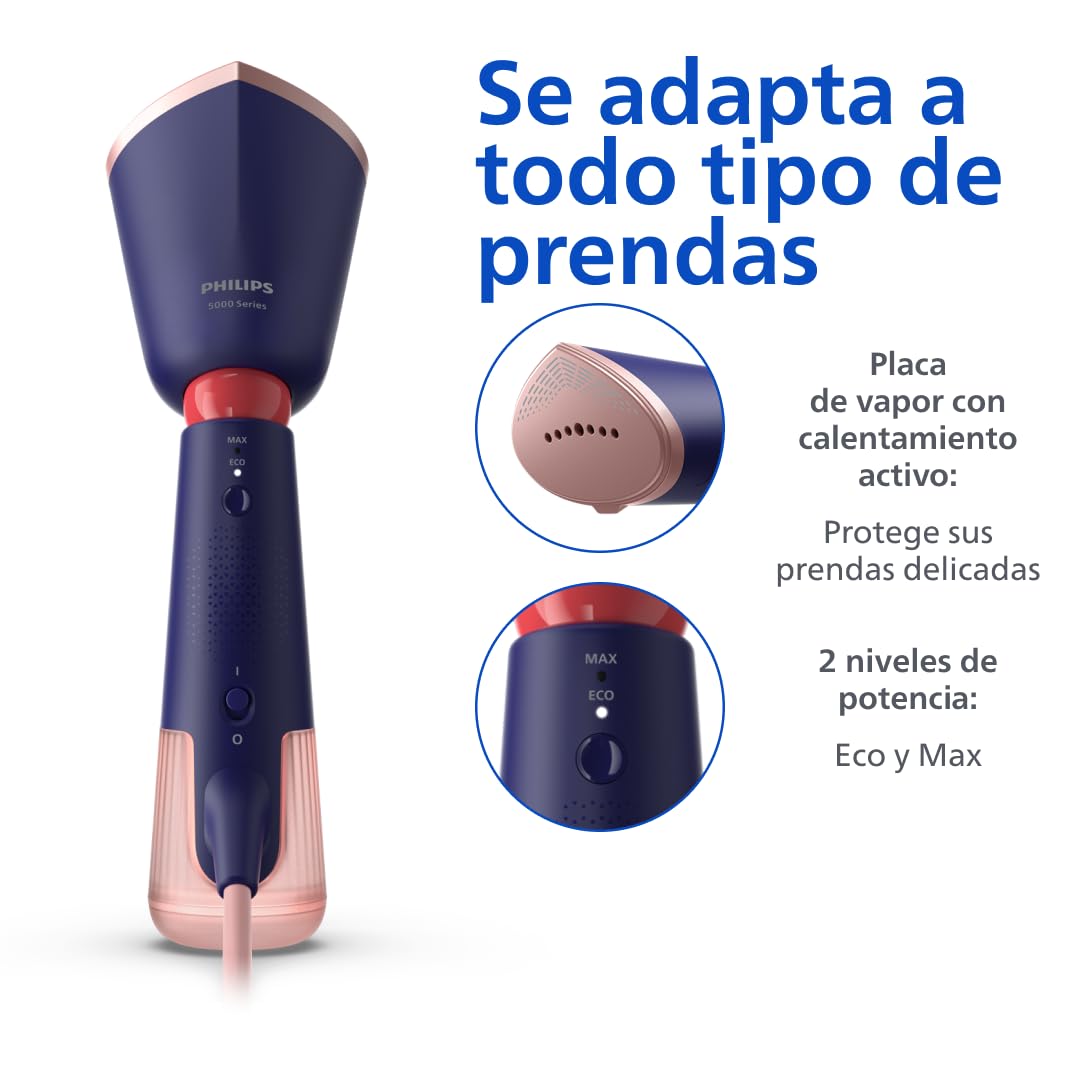 Philips Vaporizador de mano Serie 5000 - Potente 1400 W, Vapor continuo, Dos depósitos de agua, Calentamiento rápido en 35 s, Ajustes Eco y Max, Suela de metal, Azul marino (STH5030/20)