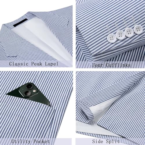 Men's Seersucker Striped Suits 2 Piece Slim Fit Summer Casual Pinstripe Suit for Men Wedding Grooms Blazer Jacket Pants Sets3