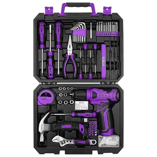 DEKO Verktygslåda med borrmaskin, 8 V, 126 delar, komplett verktygslåda, verktygssats med borr för reparation, underhåll och arbete, lila