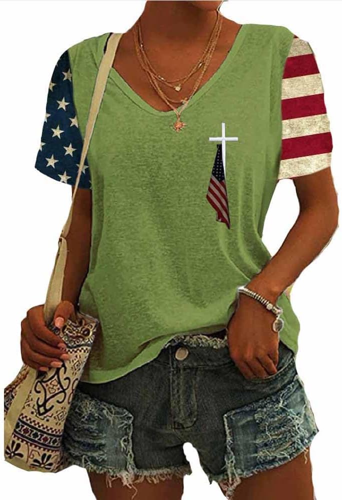 Usa Flag Cross Shirt Vintage Cross T Shirt Christian Shirt 4Th Of July T-Shirts For Women
