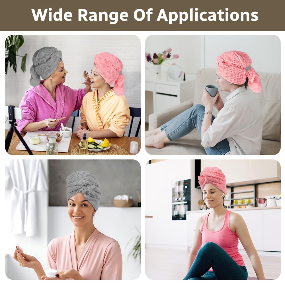 AOOWU Asciugamano Capelli in Microfibra con Texture Waffle, 2 Pezzi Turbante Capelli Morbido con 2 Fascia Elastica, Turbante Asciugacapelli Capelli Super Assorbente, per Donna Capelli Lunghi Ricci
