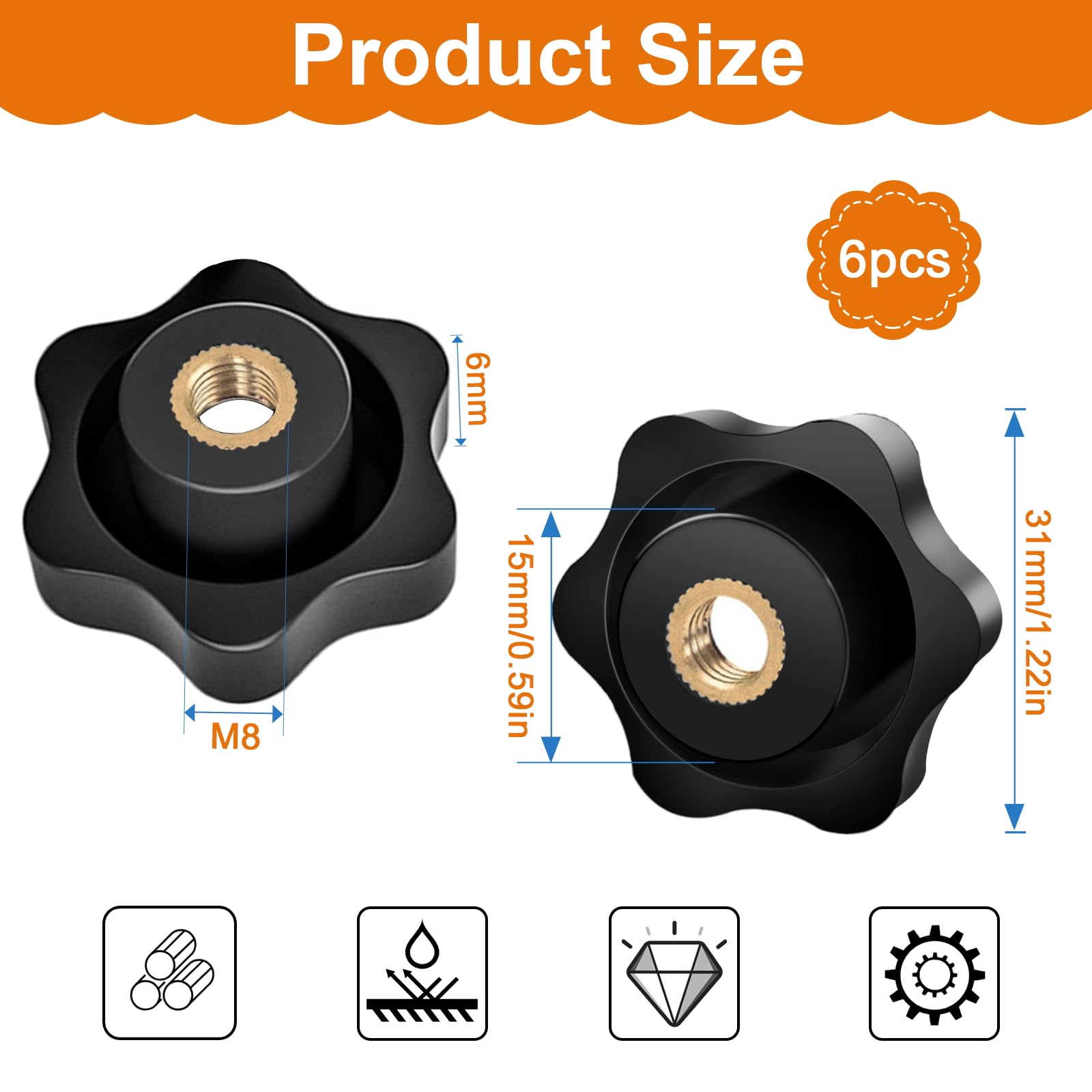 6 Dadi Zigrinati M8 Con Testa A Stella - Diametro 32mm, Per Mobili E Meccanica, Nero - Foto 3