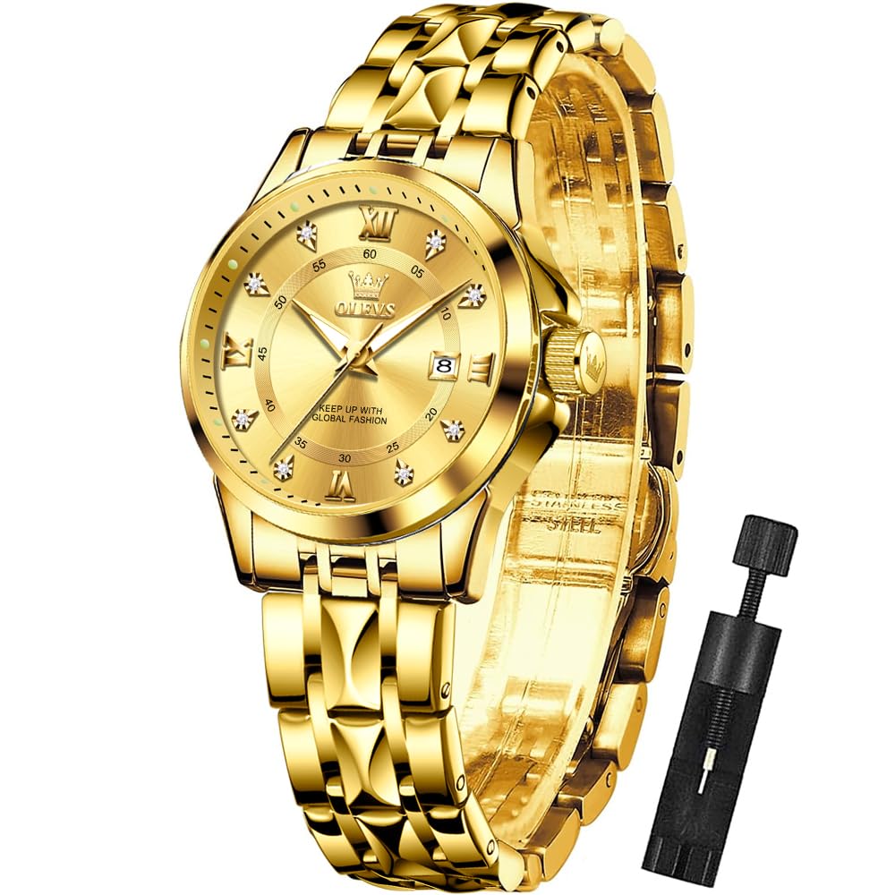 OLEVS Watch Women Gold Watches for Women Waterproof Dress Original Analog Quartz Adjustable Diamond Fashion Casual Classic Easy Read Round Stainless Steel Water Resistant Ladies Small Wrist Watch Woman Lady Female Wristwatch