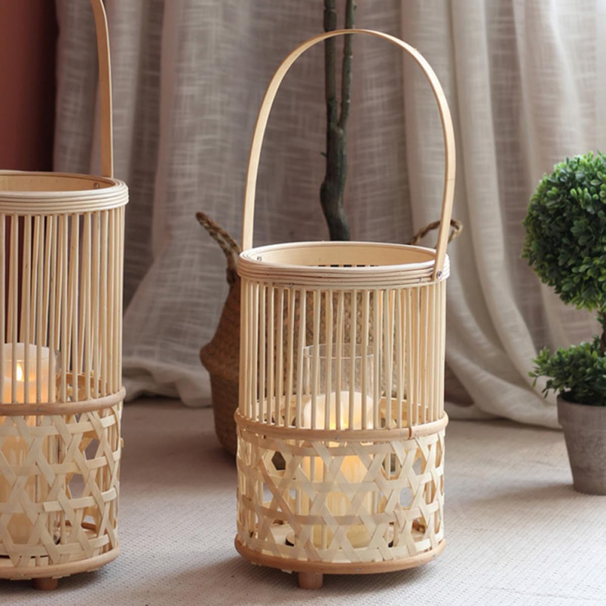 Bambusgeflecht Windlicht Dekorative Laterne und Glas Khaki | Tragbar, für Kerzenlicht Dinner und Party, Elegant Retro Chic
