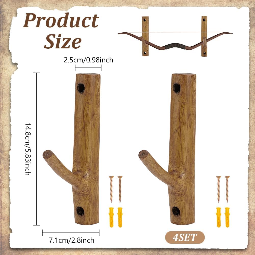 NBEADS 4Pcs Gun Rack Wall Mount, Rustic Wooden Hardwood Gun Rack Handmade Gun Hooks for Wall with Pre Drilled Holes and Hardware Bow Horizontal Hanger Archery for Storage Display Home, Camel