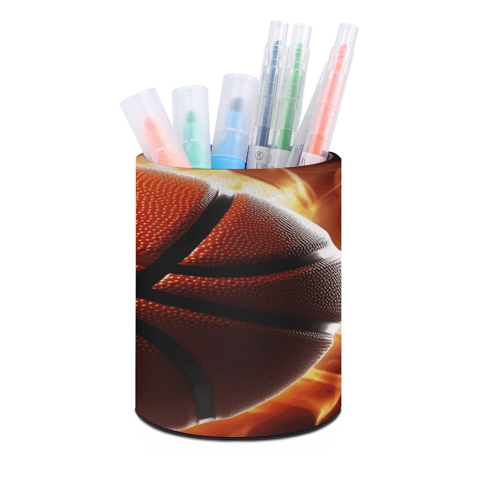 VstaDank Basketball Pen Holder PU Leather Pencil Cup Minimalist Desk Pencil Holder Round Make Up Brush Organizers For Office Dorm Room&Vanity Desk Accessories