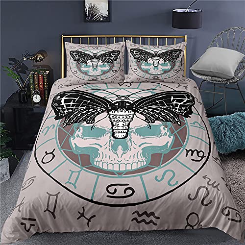 Radixnine Boho Moth Duvet Cover Queen Size Boys Gothic Skull Bedding Set for Girls Women Bedroom Decor Bohemian Moon Star Comforter Personalized Moth Skeleton Bedspread Cover 3Pcs1-02Q