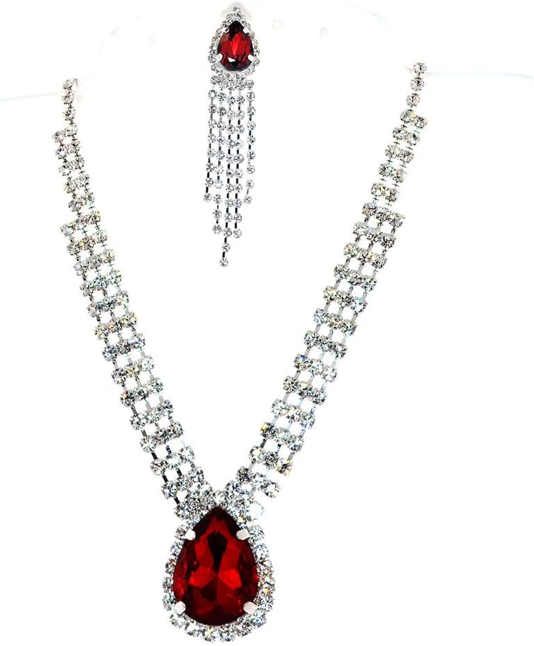 Five Colors Variation Glamour Tear-drop Simulated Rhinestone Necklace "CLIP-ON" Earrings Set