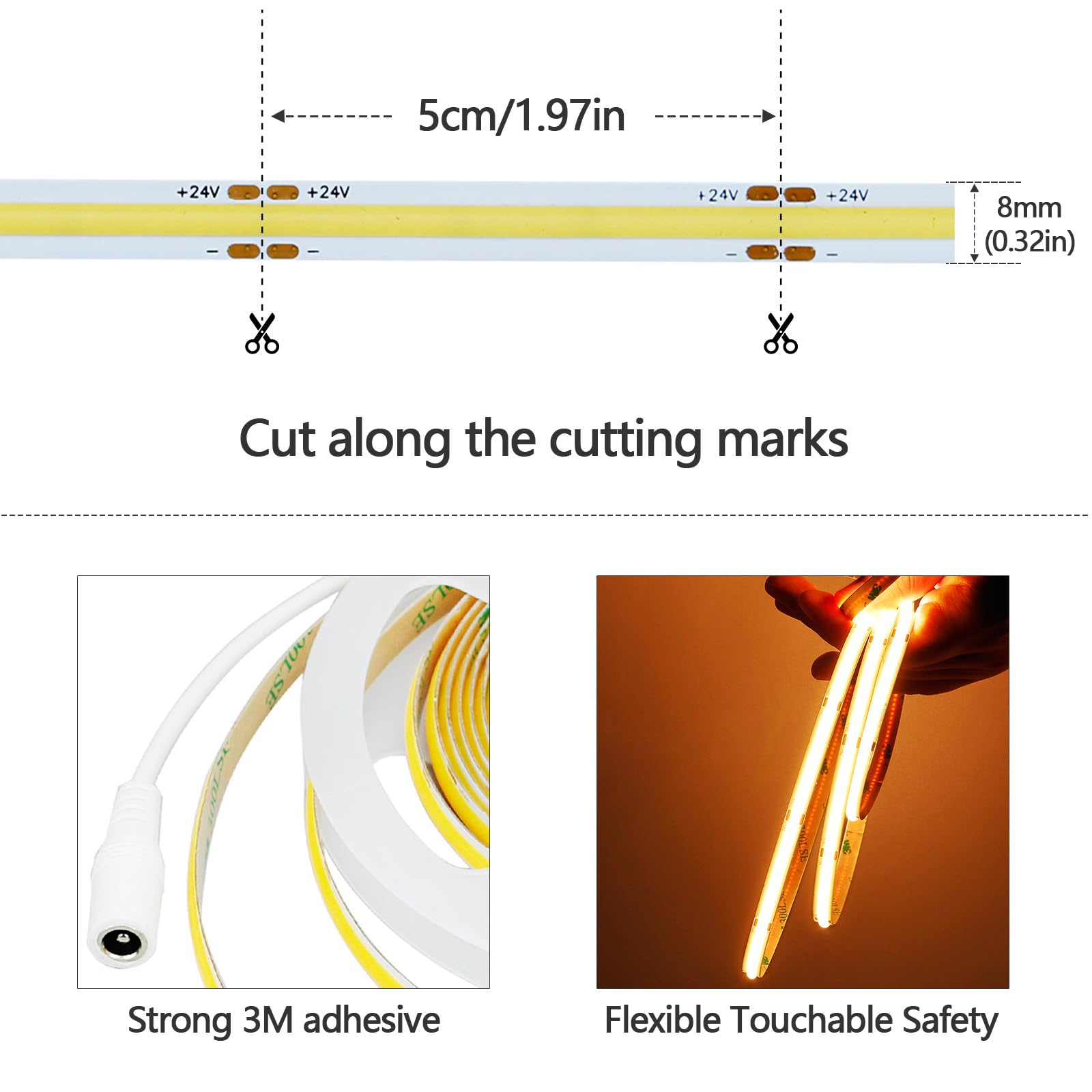 GOMING Taśma LED COB 24V 5M Ciepła Biel 3000K CRI 93+ 4500lm Wysokie Gęstość 480LED/M Jednolite Światło IP20 Nie Wodoodporny Elastyczny Światła Taśmą LED Dla DIY Dekoracja Domu(Brak Zasilania)