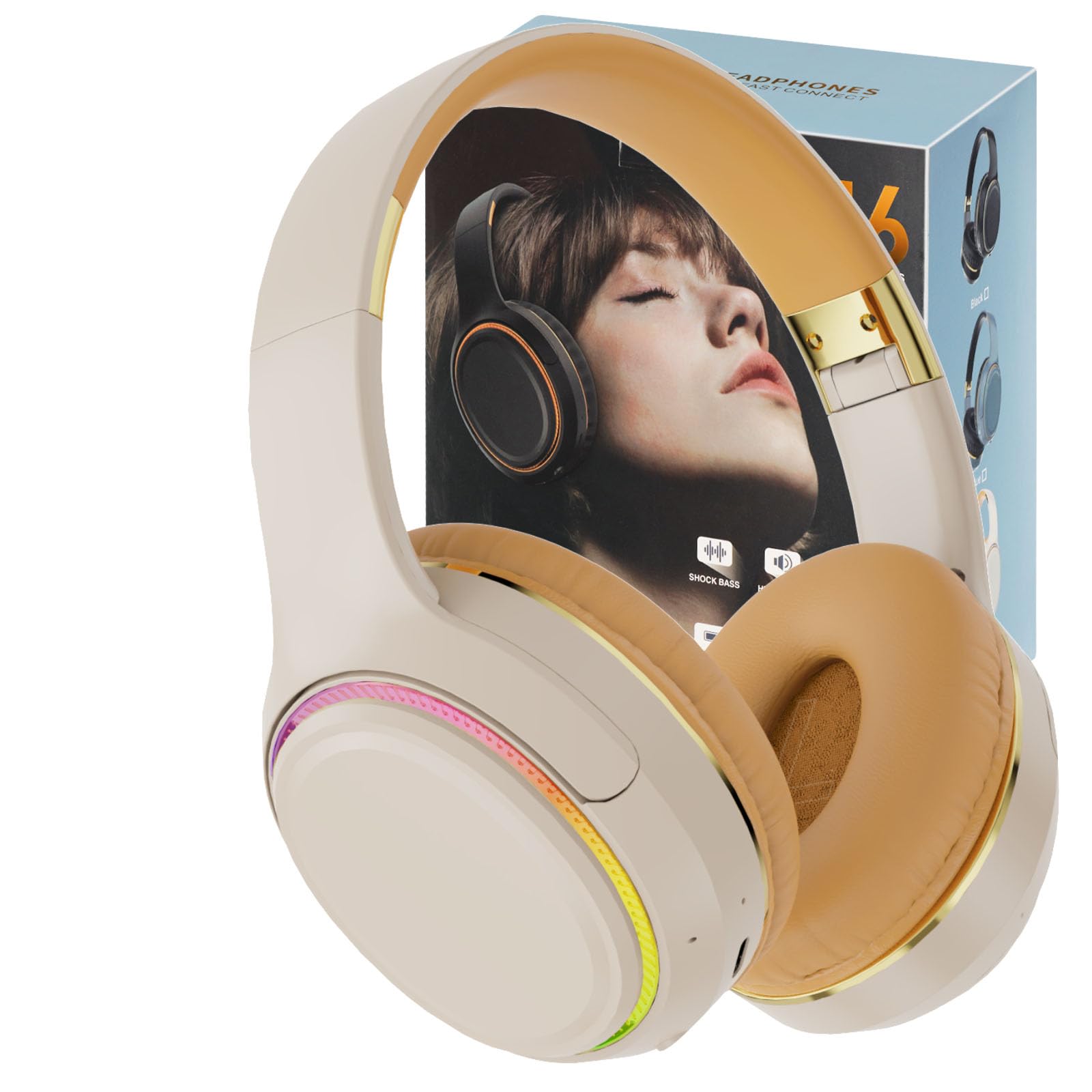 OOYY Foldable Over-Ear Headphones with Hidden Mic for Cell Phone, Wireless Bluetooth Headphones with RGB LED Lighting (Khaki)