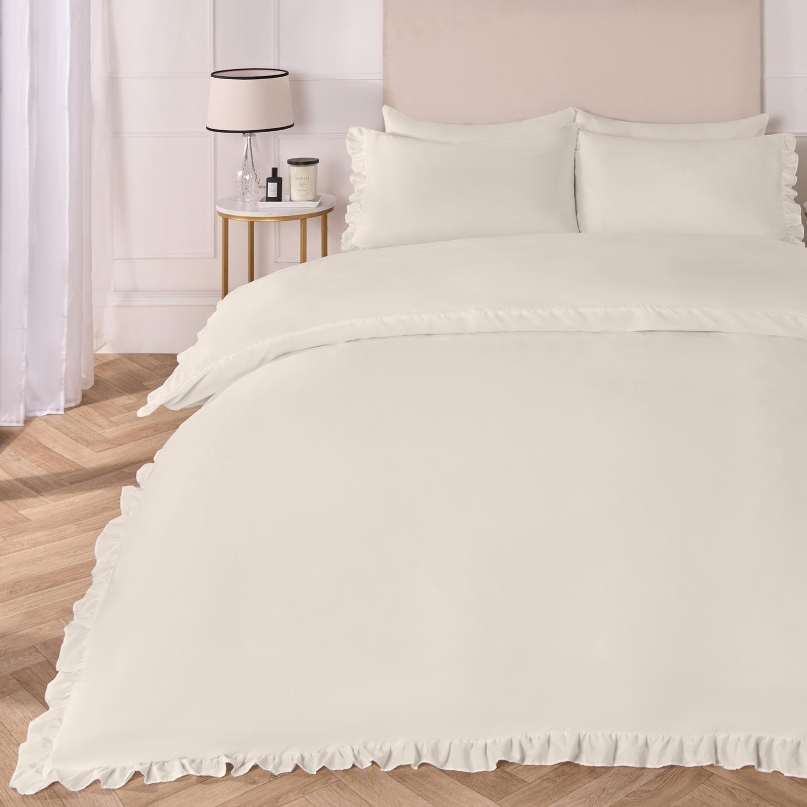 OHS Double Duvet Frill, Microfibre Double Bed Duvet Cover Set Quilt Covers Bedding Set with Pillowcases Microfibre Quilt Cover Luxury Super Soft Comfy, Natural โ image 1