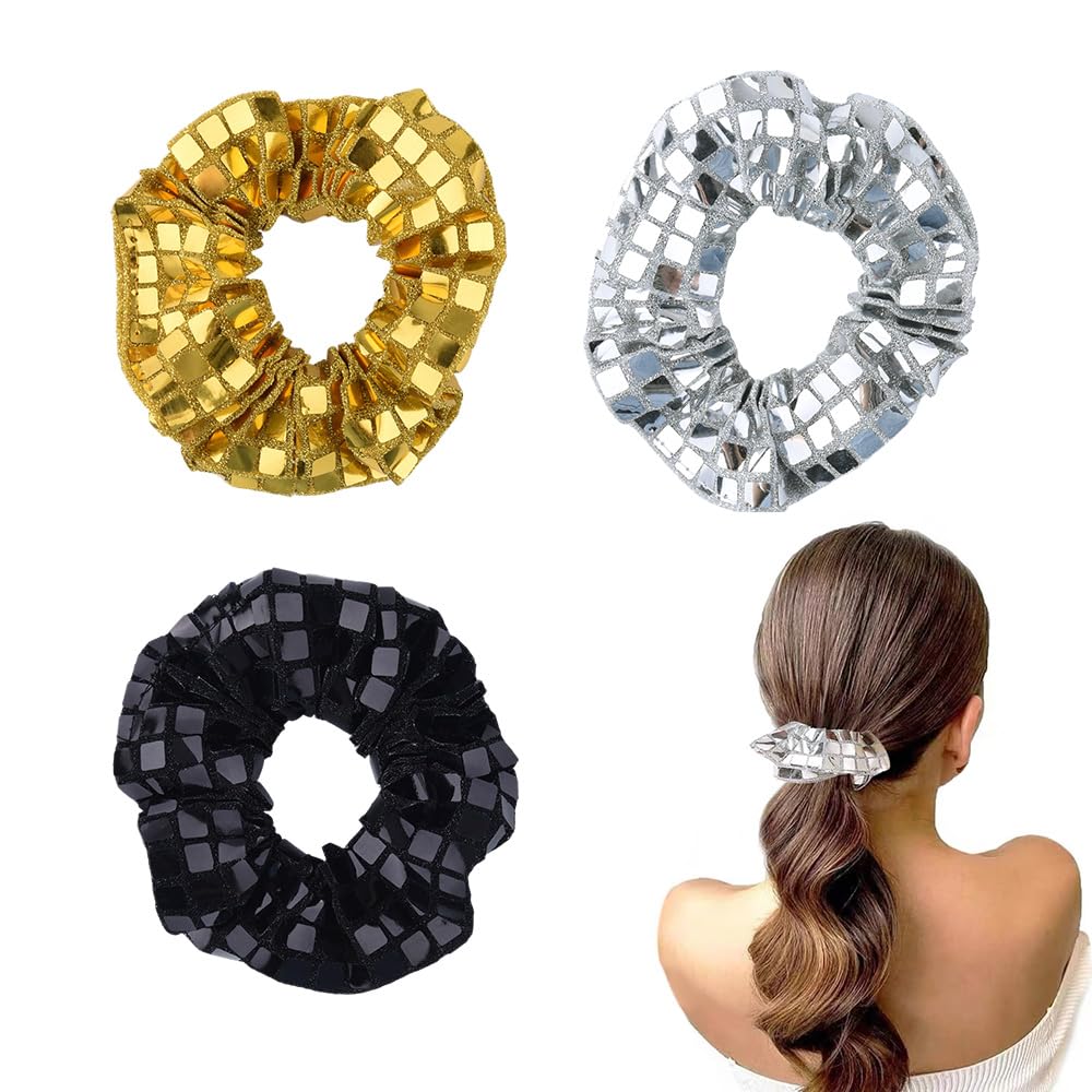Sequin Shiny Hair Scrunchies for Women Girls Sparkly Glitter Hair Accessories for Thick Fine Hair 80s 90s Sequin Hairband for Party Prom Glitter Elastic Ponytail Holder Sequin Hairbands 3pcs