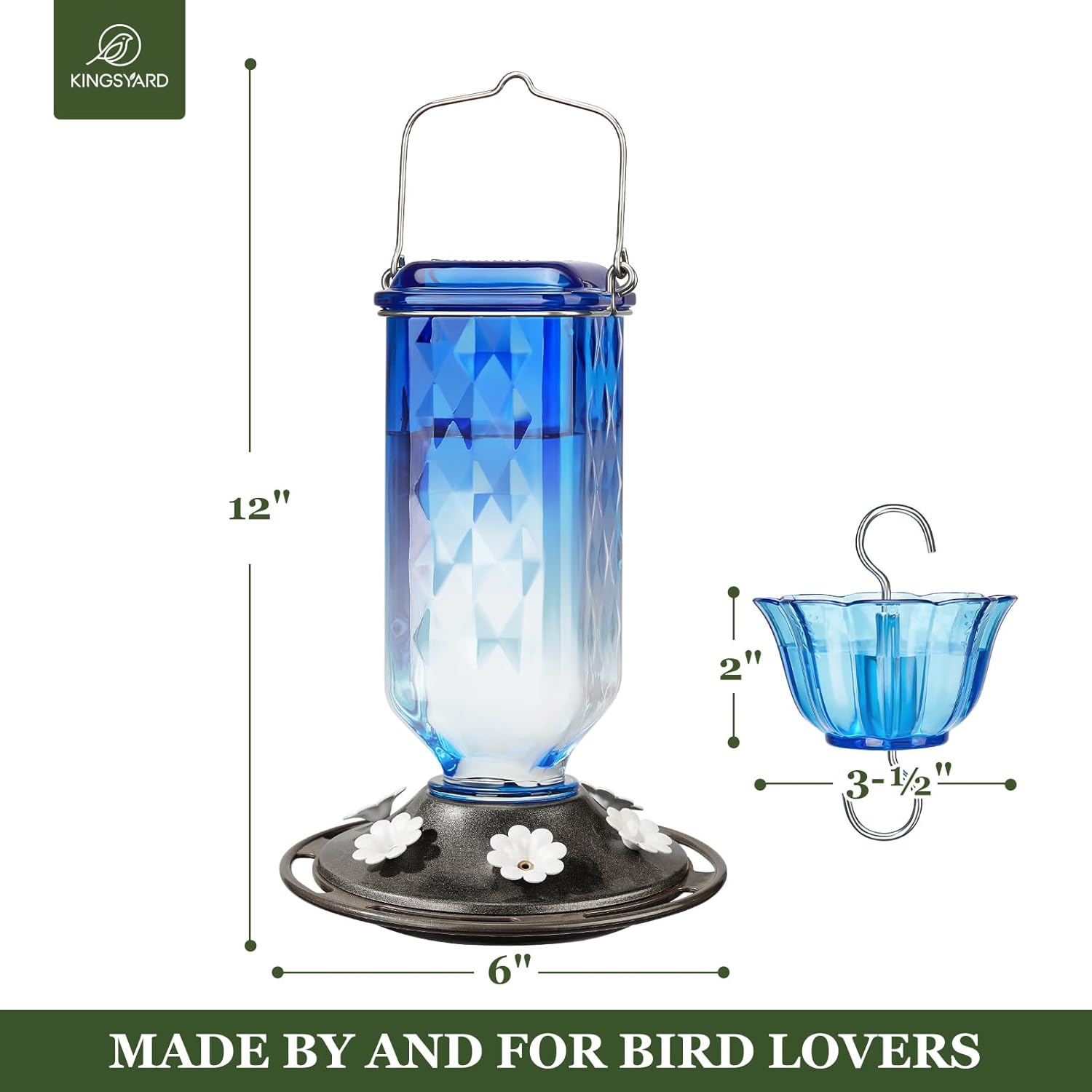 Kingsyard 2 Pack Glass Hummingbird Feeder for Outdoor Hanging, 24 Ounces, 6 Feeding Ports, Bird Nectar Feeder for Garden Décor, Ant Moat Included, Blue - Image 5