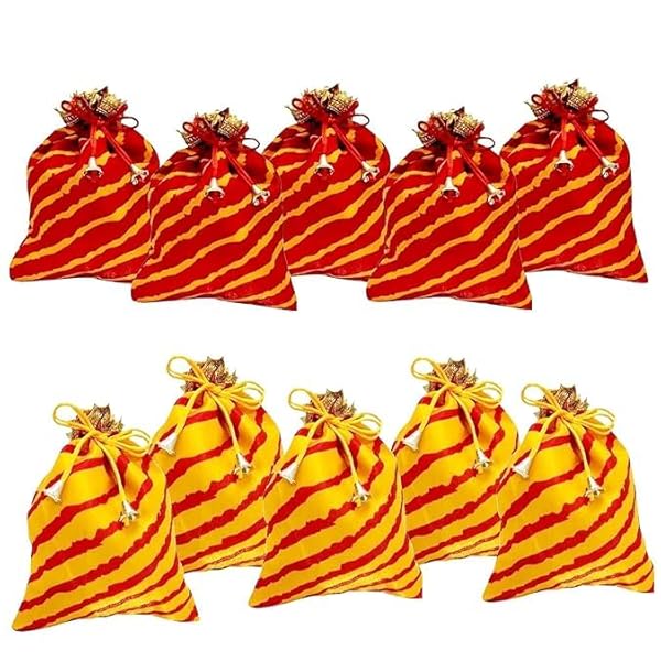 ArtTrails Potli Bag I Bandhej with Lace Top Batwa I Ethnic Traditional Drawstring Closure Potli Purse I Handbag Shagun Pouches for Wedding Diwali Festivals & Return Gifts Women I Red & Yellow - 10 Pcs
