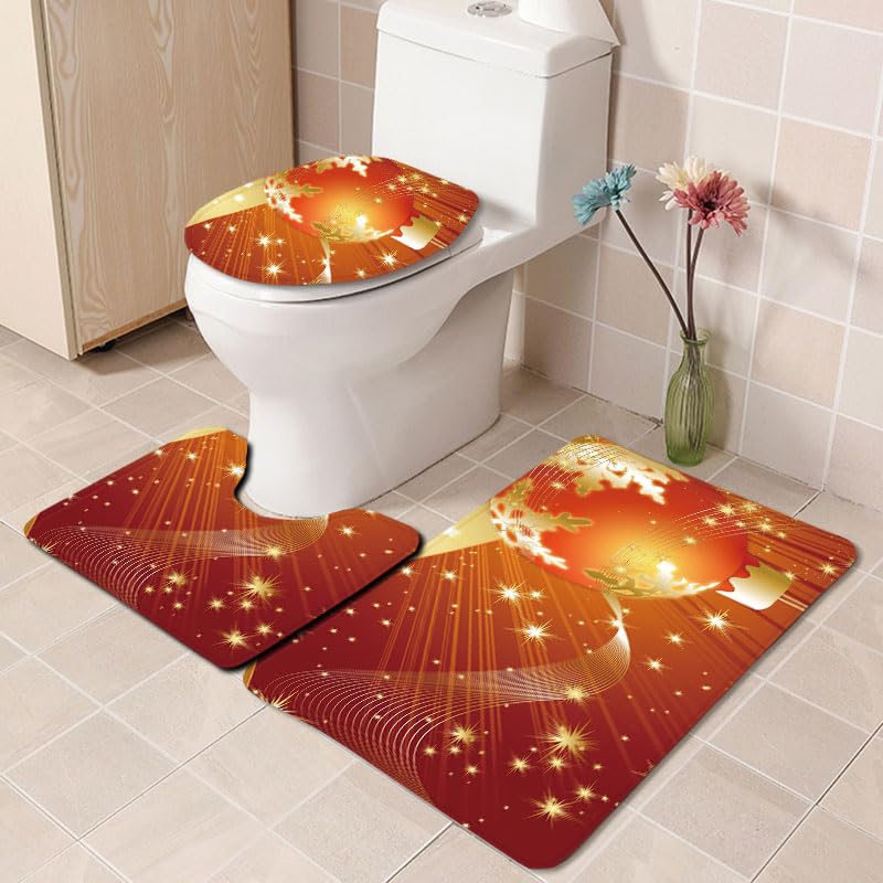 Bad Teppiche Set Orange Gold Linien Badezimmerteppich Waschbar WC Vorleger mit Ausschnitt und WC Deckelbezug 3 Teilig Badematte rutschfest Toilettensitzbezug Badgarnitur 45x75 cm