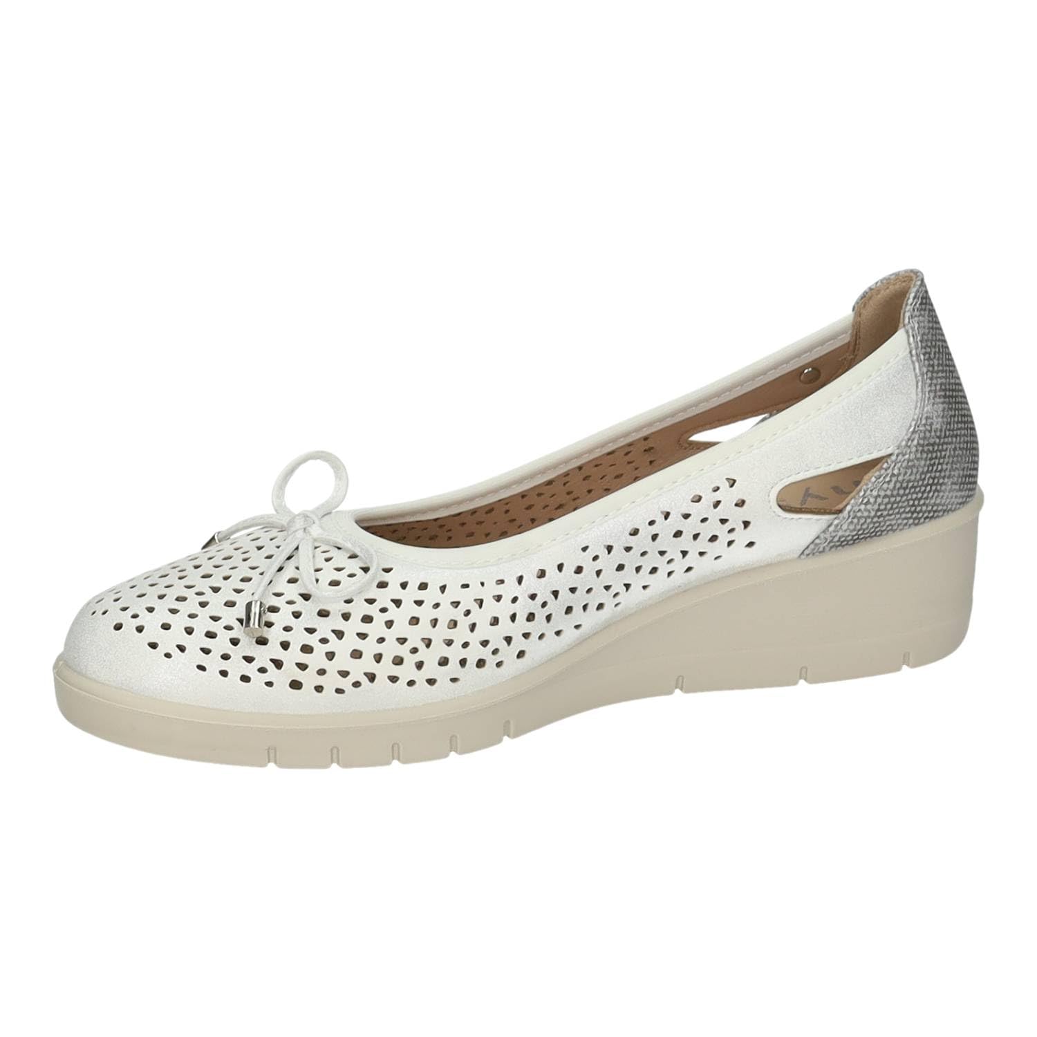 26M208 Manoletinas con cuña para Mujer, en Color Perla, con Lazo y Plantilla Extraible, cómodas, Ligeras Ideales para Verano Mujer Manoletinas