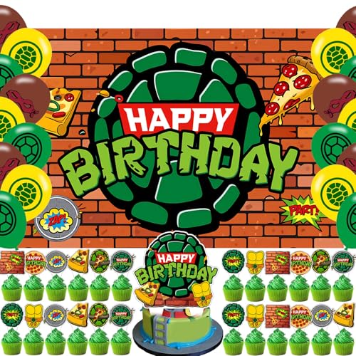 Ninja Turtle Birthday Party Decorations Green Turtle Banner Cake Toppers Theme Party Decorations for Boys Indoor Outdoor Birthday Party Supplies Backdrop 5 * 3FT)