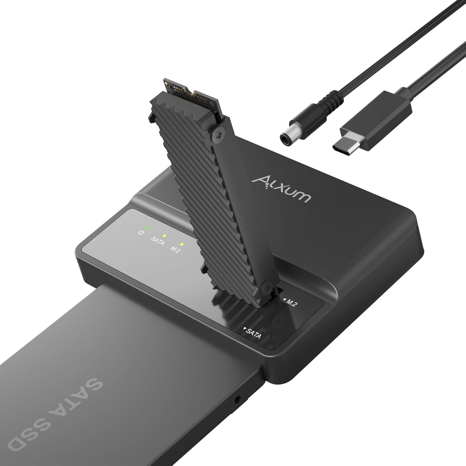 Alxum S1235D M.2 NVMe SATA SSD Enclosure with an M.2 SSD inserted and a SATA SSD connected, alongside a USB-C cable and power adapter.