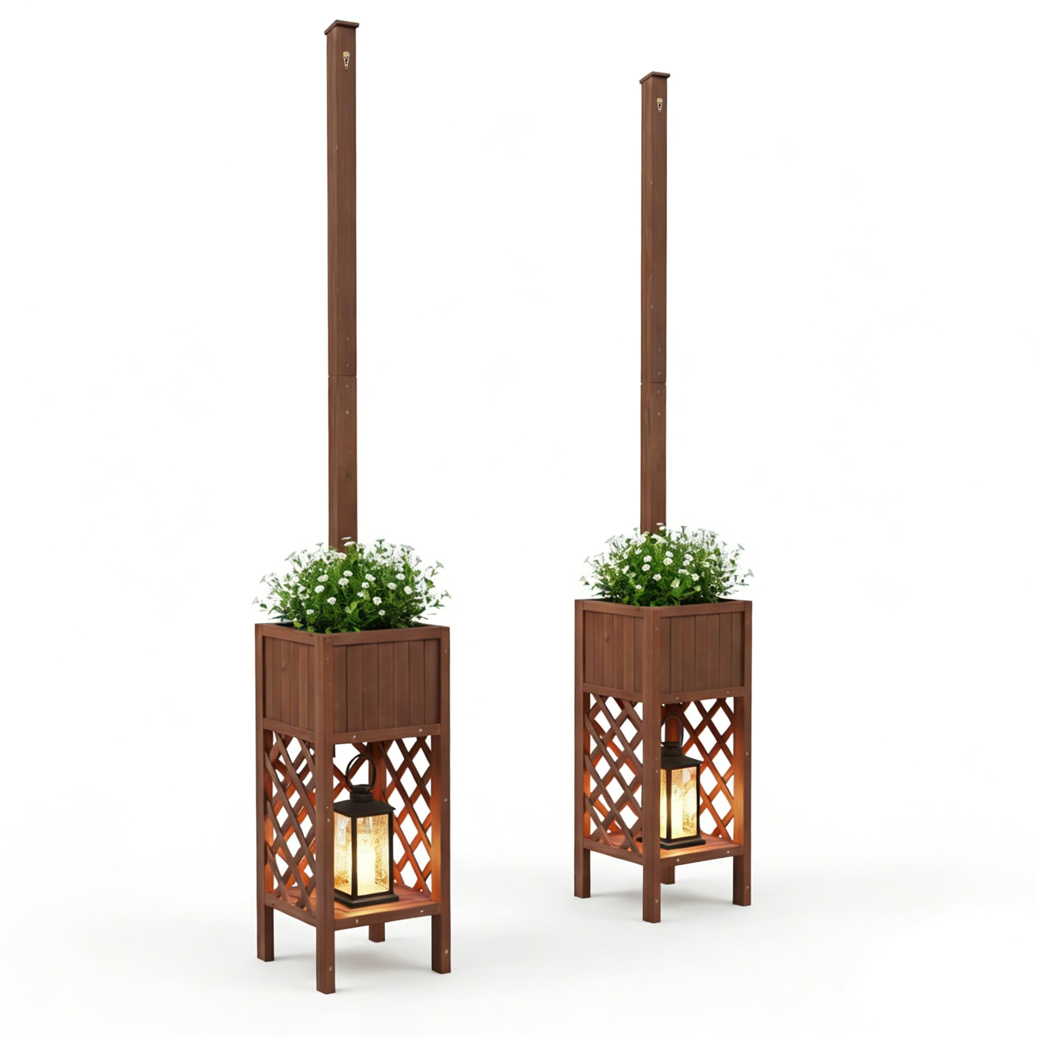 Set di 2 Pali per Catene Luminose da Esterno con Fioriera, Altezza 264cm, Legno Massiccio Resistente alle Intemperie & Antivento, Supporto 3-in-1 per Giardino, Terrazzo & Matrimoni (Senza Decorazioni)